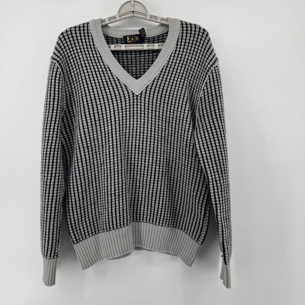 Le Roy Knit Men's XL Wool V-Neck Sweater Black Gray Patterned Long Sleeve - Picture 2 of 7